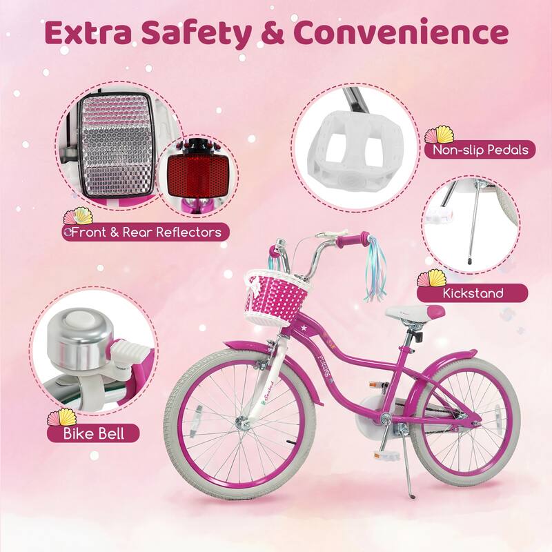 Gymax 20'' Girls Bike w/Removable Basket Streamers Hand Brake & - Rose Red