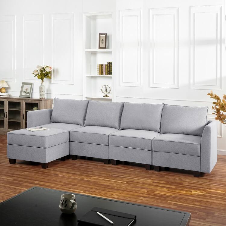Modern L-Shaped DIY Convertible Modular Sectional Sofa Collection - 4-Seater with Ottoman, Gray