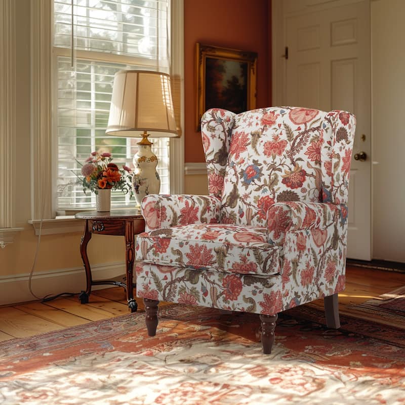 Erommy Modern Accent Chair, High Back Armchair, Upholstered Fabric Button Single Sofa with Wooden Legs for Living Room - Red - Flower