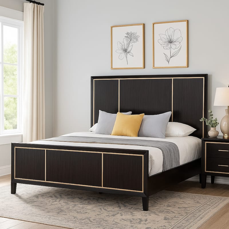 Yada Queen Bed w Gold Trim Accents, Tapered Legs, Espresso Brown Wood