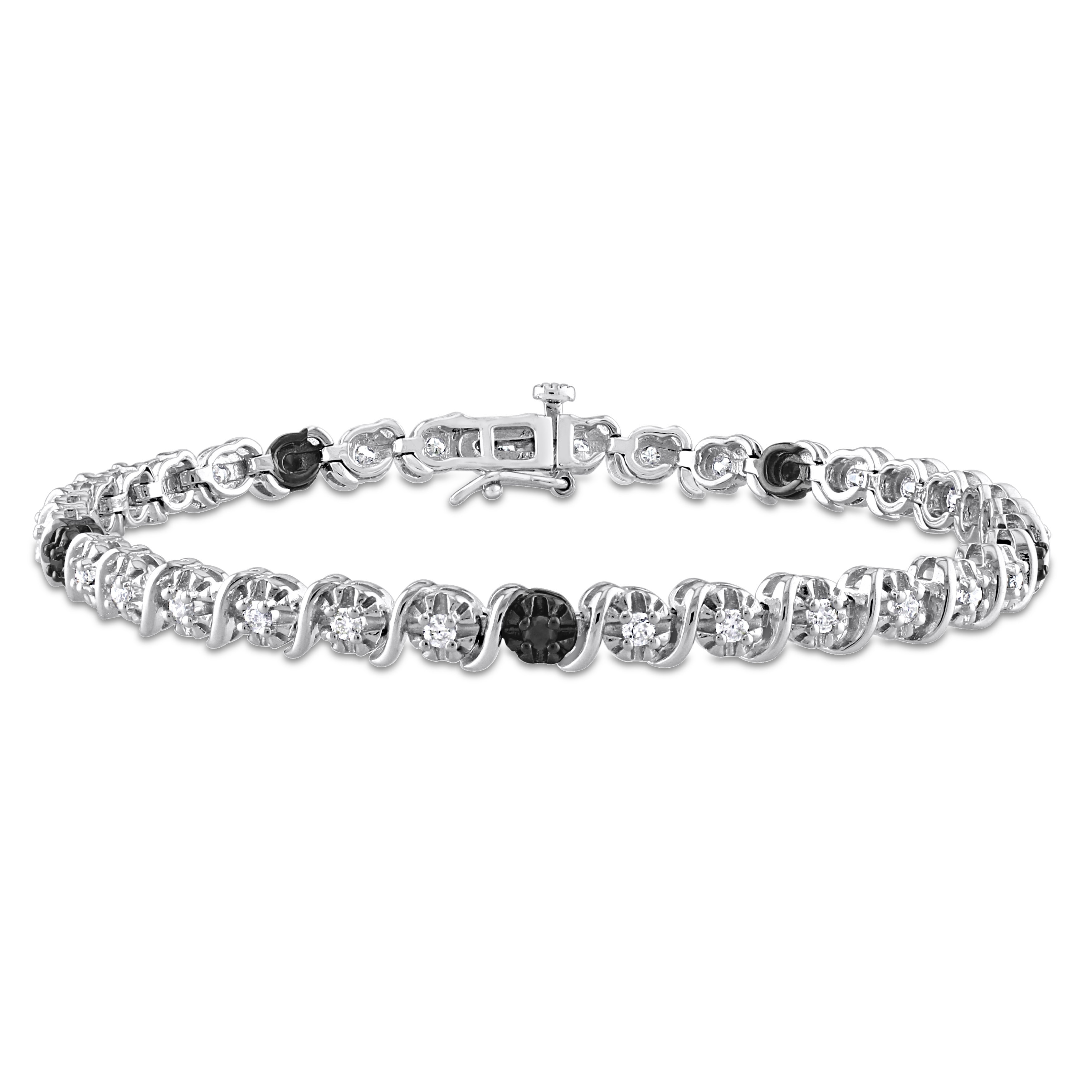 Miadora 1ct TW Black & White Diamond Tennis Bracelet in Sterling Silver