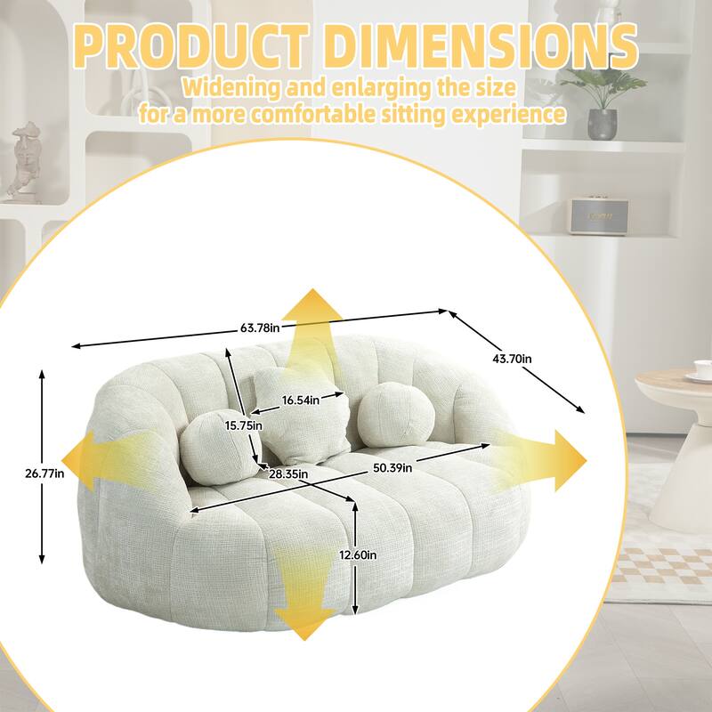 White Modern 63.78" Chenille Upholstered Lounge Chair with High Density Foam Filling and Pillows