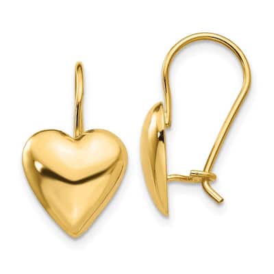 Curata 14k Yellow Gold Polished 11.5mm Puffed Love Heart Kidney Wire Earrings