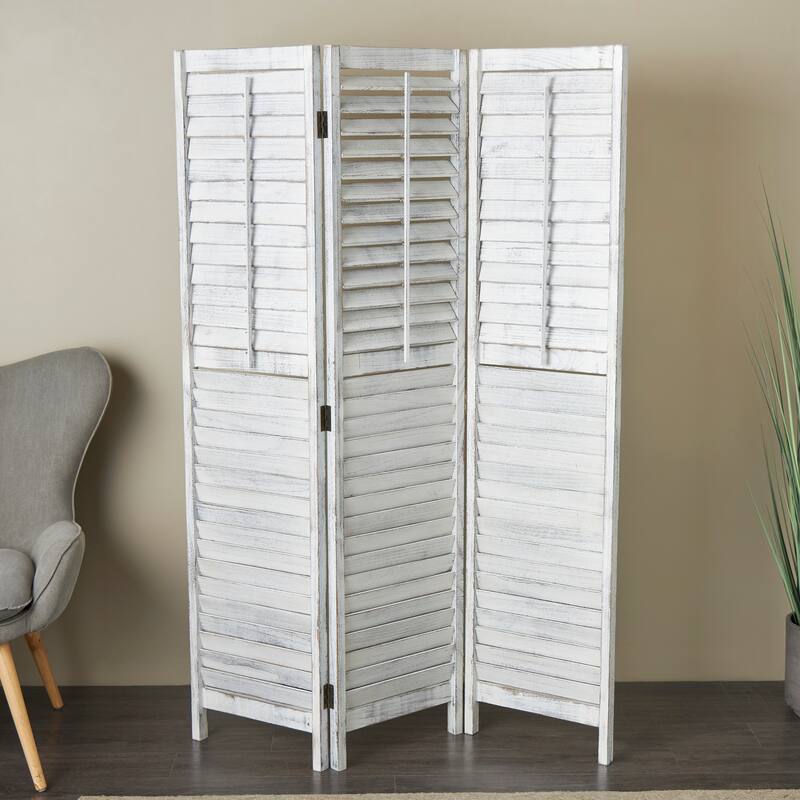 White Wood Washed Shutter Top 3 Panel Partition Room Divider Screen with Gray Distressing - White