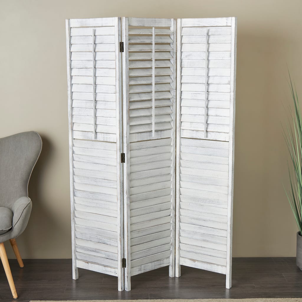 White Wood Washed Shutter Top 3 Panel Partition Room Divider Screen with Gray Distressing