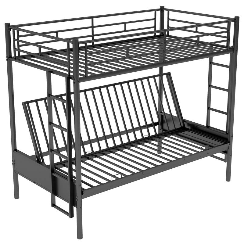 Twin Over Full Bunk Bed with Futon, Metal Frame, Safety Guardrails & Ladder, Black
