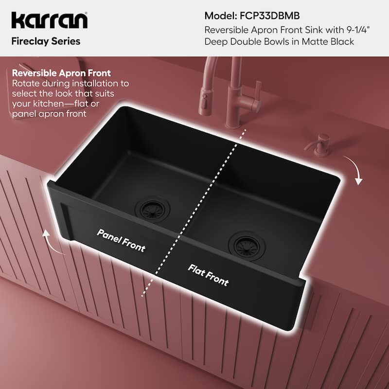 Karran 33" Double Bowl Panel Front Farmhouse Fireclay Kitchen Sink with Reversible Apron Front