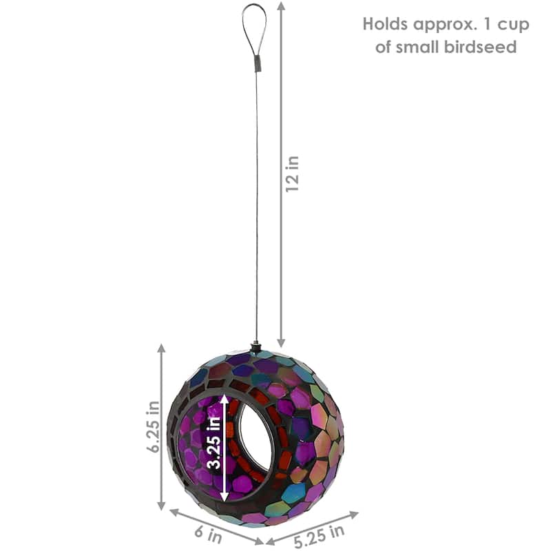 Hanging Bird Feeder Outdoor Round Glass Mosaic Design for Garden - 6"