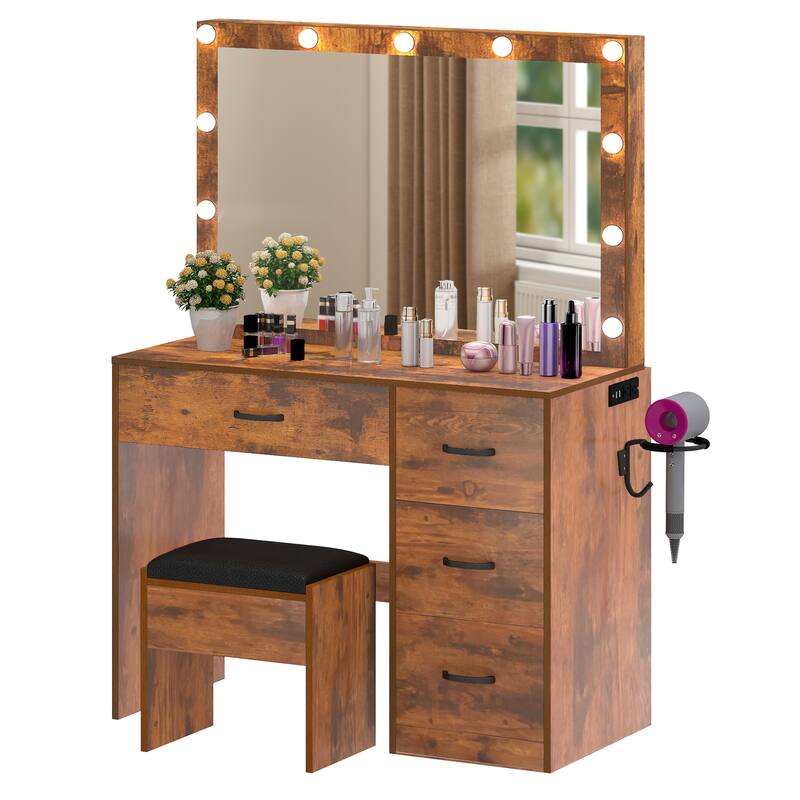 35.4" Mirror Makeup Vanity Table with Stool and Light Bulb - 35.4''L x 15.7''W x 53.5''H