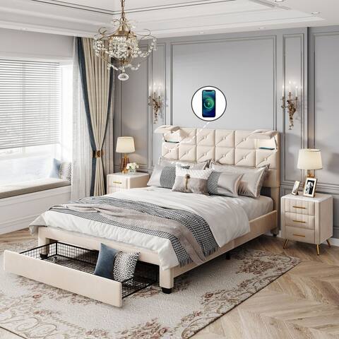 3Pcs Queen Size Bedroom Sets,with Upholstered Platform Bed &Two Nightstands