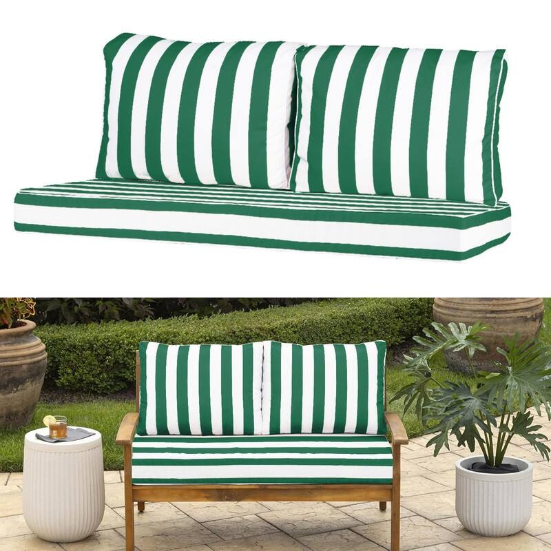 Outdoor Loveseat Cushion Set (Set of 1 Seats,48x24in, 2 Backs,24x18in ) - 24X48X5in - Green & White Stripes