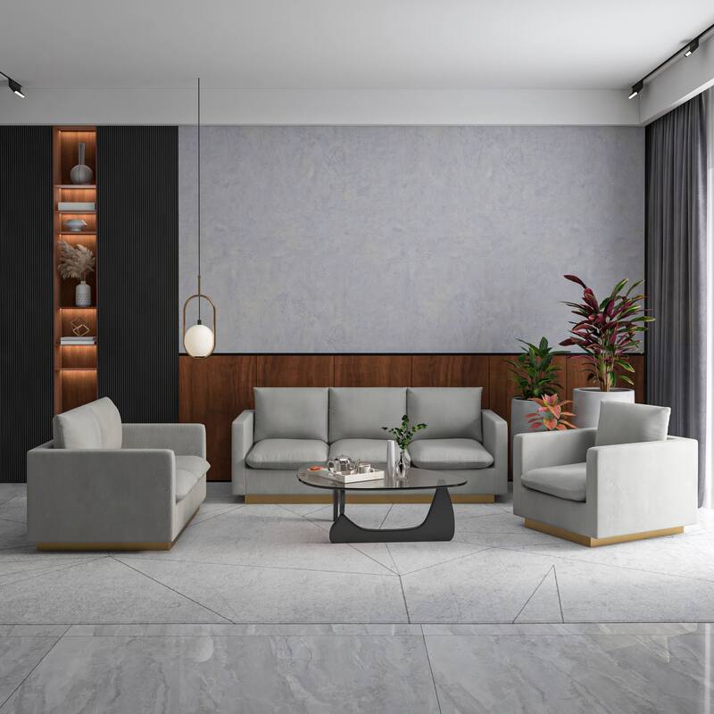 3-Piece Velvet Sofa Set with Brushed Gold Stainless Steel Base Nervo Series