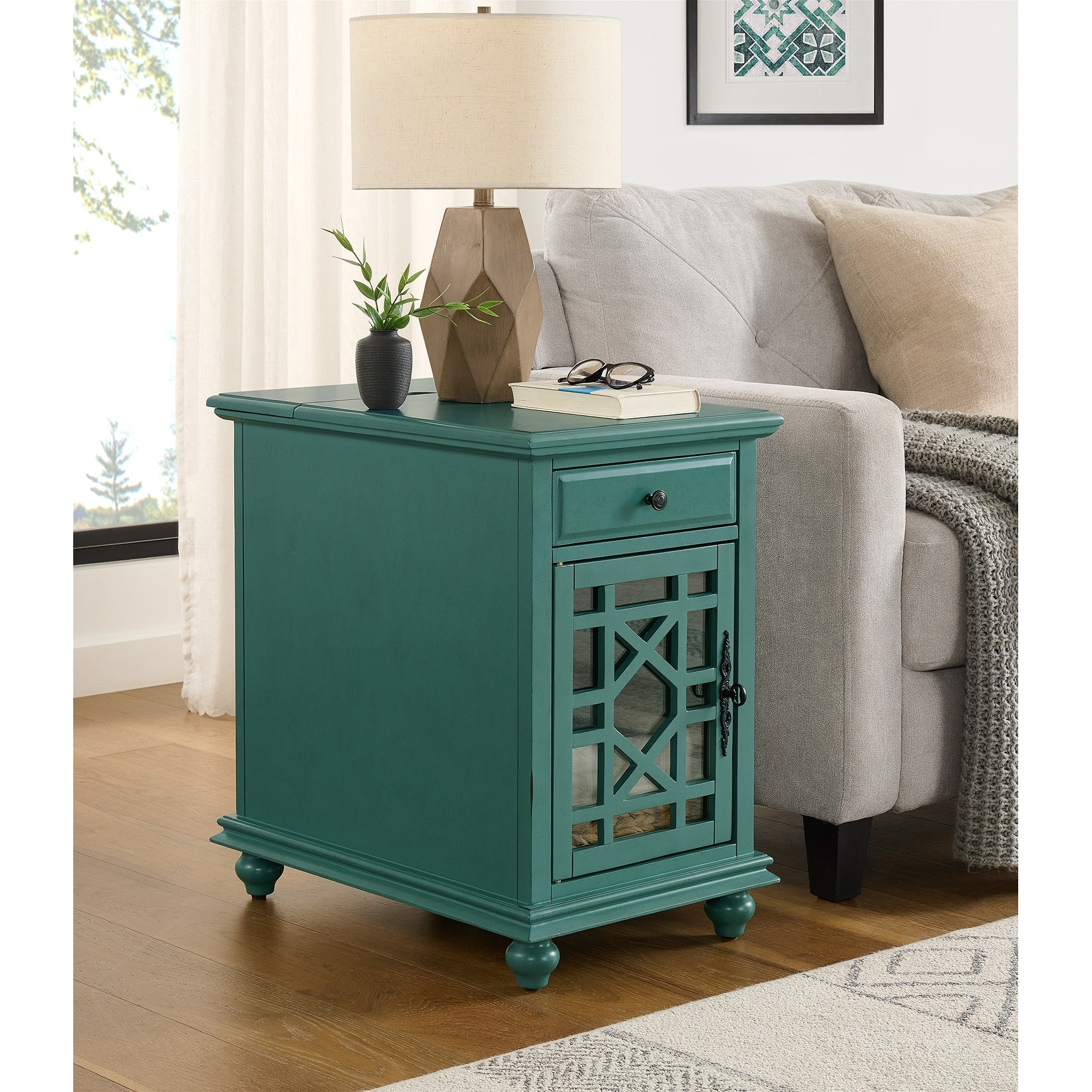 Elegant Pine Flip Top Chairside Table with Magazine Rack and Cabinet