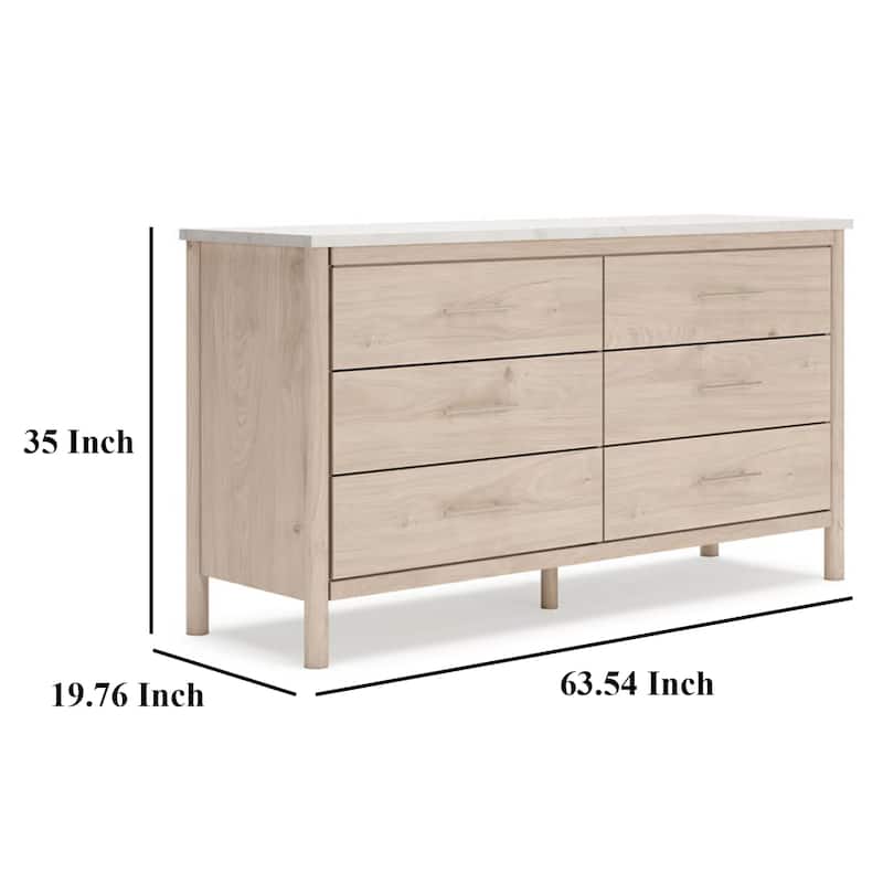 Mooran Wide Dresser, 6 Drawers, White Marble Finish Top, Brown Beige