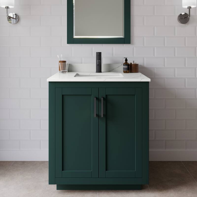 Wyndham Collection WCF292930S-QTZ-UNSM24 Miranda 30" Free Standing - Green / Giotto Quartz Top / Matte Black Hardware