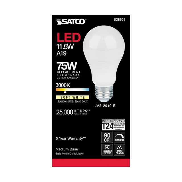 11.5 Watt A19 LED 90CRI 3000K Medium base 220 deg. Beam Angle 120 Volt 1100 Lumens CEC - White
