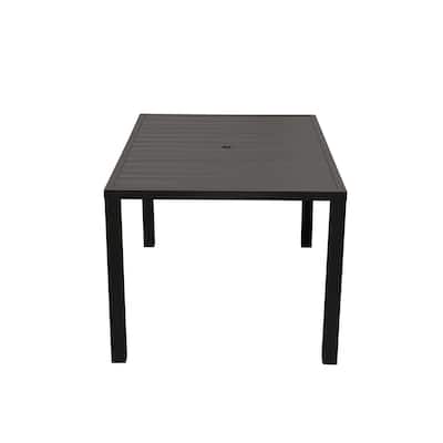 Outdoor Dining Table for 4 Person,Square Slatted Metal Patio Table for Deck Garden Lawn Backyard Use with Umbrella Hole, Brown