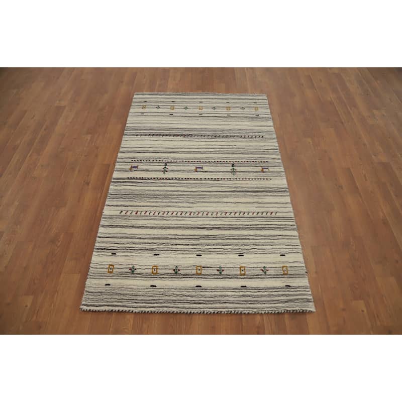 Hand Knotted Oriental 100% Wool Carpet Tribal Animal Pictorial Beige & Ivories Gabbeh Area Rug - 4' 11'' X 3' 0''