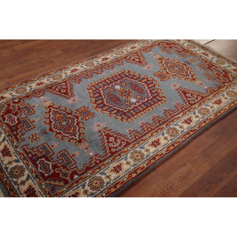 Blue Geometric Viss Oriental Accent Rug Hand-Knotted Wool Carpet - 2'11"x 5'3"