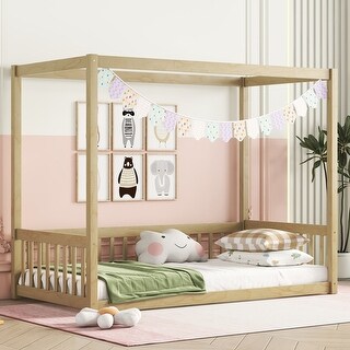 Natural Twin Size Pine Wood Canopy Frame Floor Bed with Fence and Guardrails for Bedroom