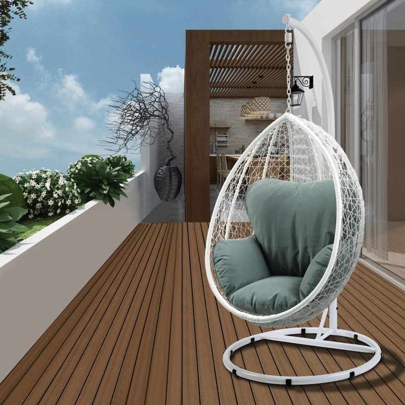 Indoor Outdoor Wicker Hanging Basket Egg Swing Chair with Steel Stand - Green/White