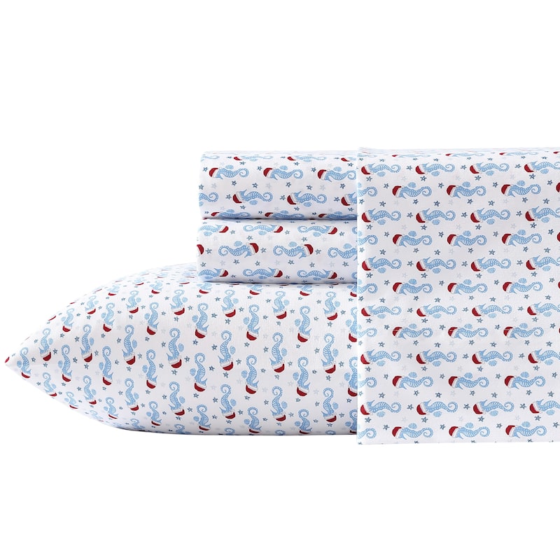 Nautica Cozy Brushed Flannel Printed Sheet Sets - Queen - Holiday Seahorse