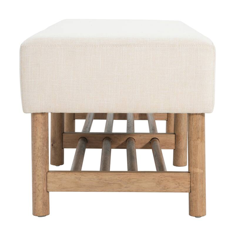 Roomfitters Rectangular Upholstered Ottoman Bench with Linen Fabric Seat and Solid Wood Legs, Beige