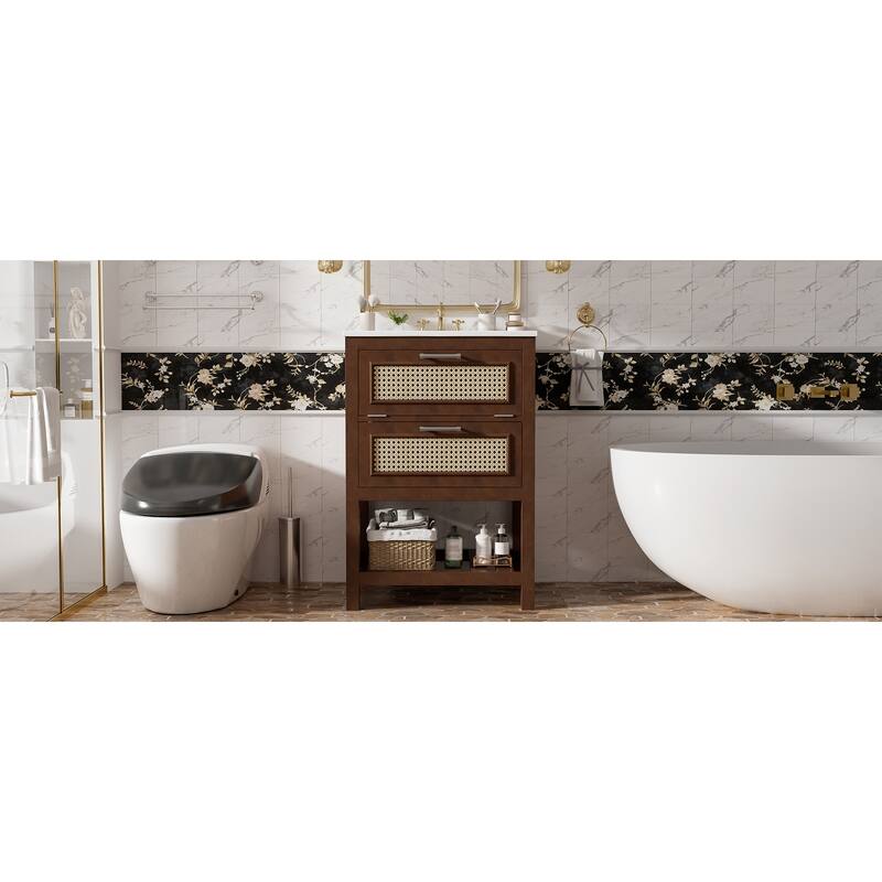 24"Bathroom Vanity with Integrated Ceramic Sink,Bathroom Cabinet with 1 Deep Drawer,1 Tip-Out Drawer,Single Sink Bathroom Vanity