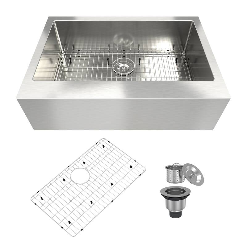 33 in. Farmhouse/Apron-Front Single Bowl 18 Gauge Brushed Stainless Steel Kitchen Sink with Bottom Grid and Strainer - Silver