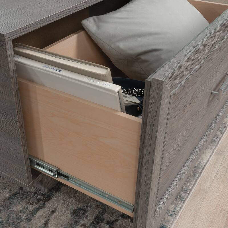 Gray Minimalist Side Table with Drawer and Open Shelf for Living Room Family Room