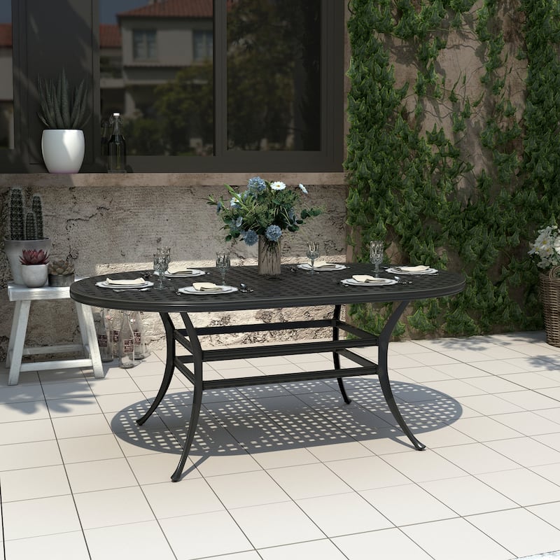 42" Patio Cast Aluminum Oval Dining Table with Umbrella Hole