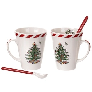 Spode Set of 2 Christmas Tree Peppermint Mugs with Spoons