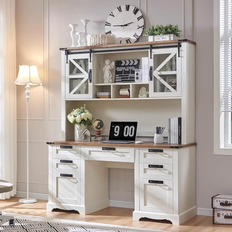Farmhouse Desk, Wood Home Office Executive Desk with Charging Station - Antique White