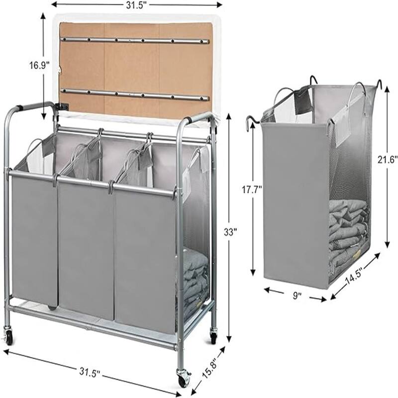 Classic Rolling Laundry Sorter Cart Heavy Duty 3 Bags Laundry Hamper