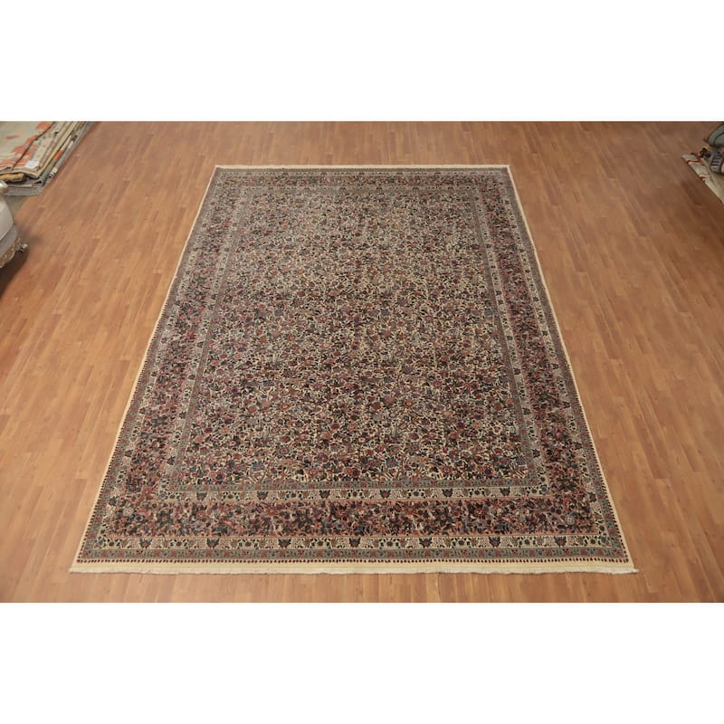 Hand Knotted Oriental 100% Wool Carpet Traditional All-Over Beige & Ivories Kerman Area Rug - 14' 0'' X 9' 11''