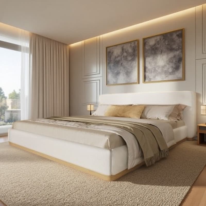 Upholstered Platform Bed with Solid Wood Frame, White Finish, Durable & Comfortable Modern Bedroom Furniture Design