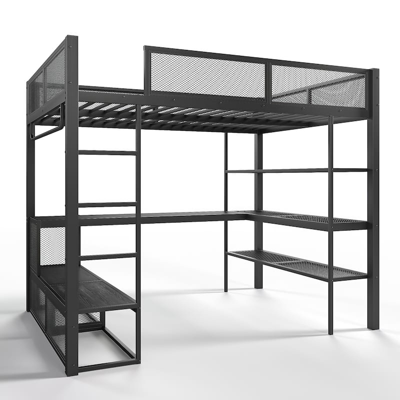 Queen Loft Bed with Metal Frame Desk Shelves and Hanging Rod