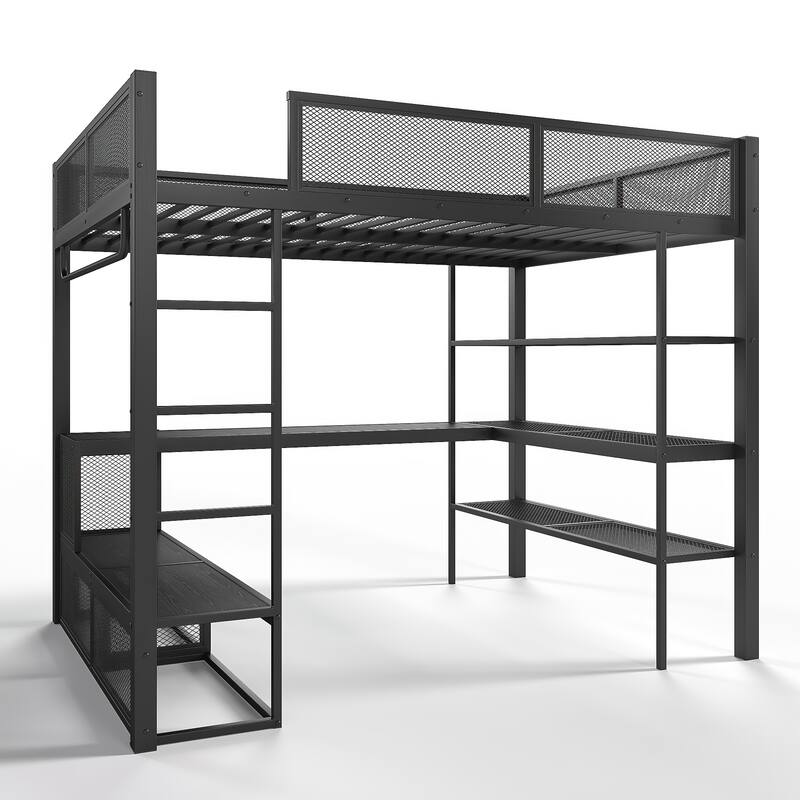 Queen Size Loft Bed with Storage Shelves, Metal Loft Bed with Clothes Hanging Rod and Desk, No Box Spring Needed Design, Black