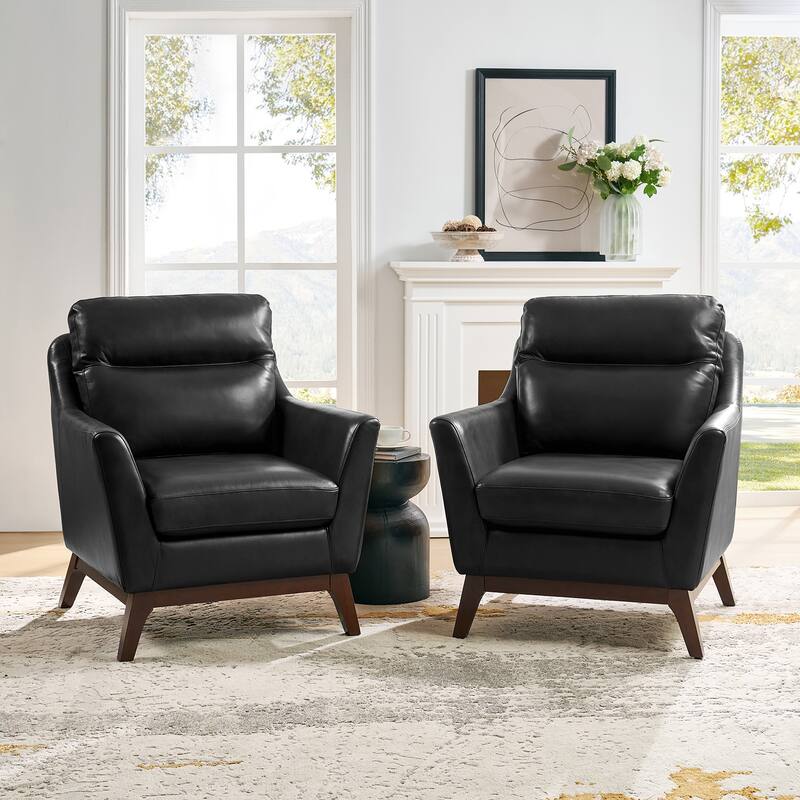 Latinus Mordern Genuine Leather Armchair with Solid Wood Legs Set of 2 by HULALA HOME