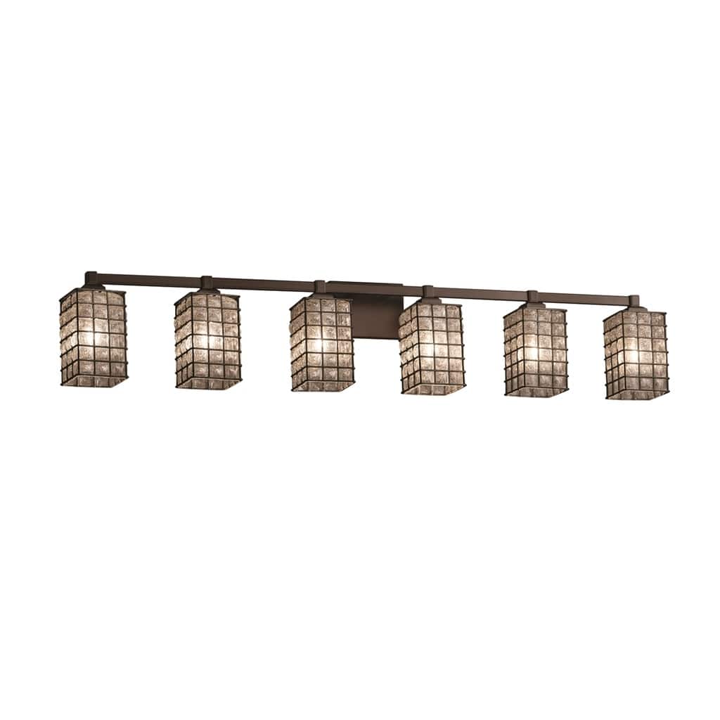 Justice Design Wire Glass Regency 6-light Dark Bronze Bath Bar, Grid with Clear Bubbles Square - Flat Rim Shade