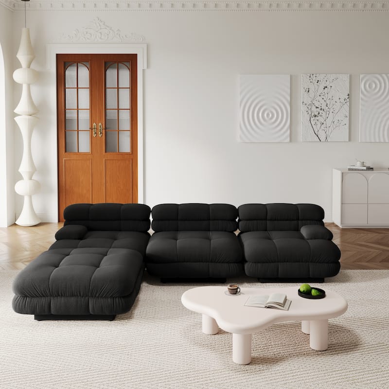 109'' Teddy Velvet Fabric Sectional Sofa L-Shaped Couch with Ottoman - Black