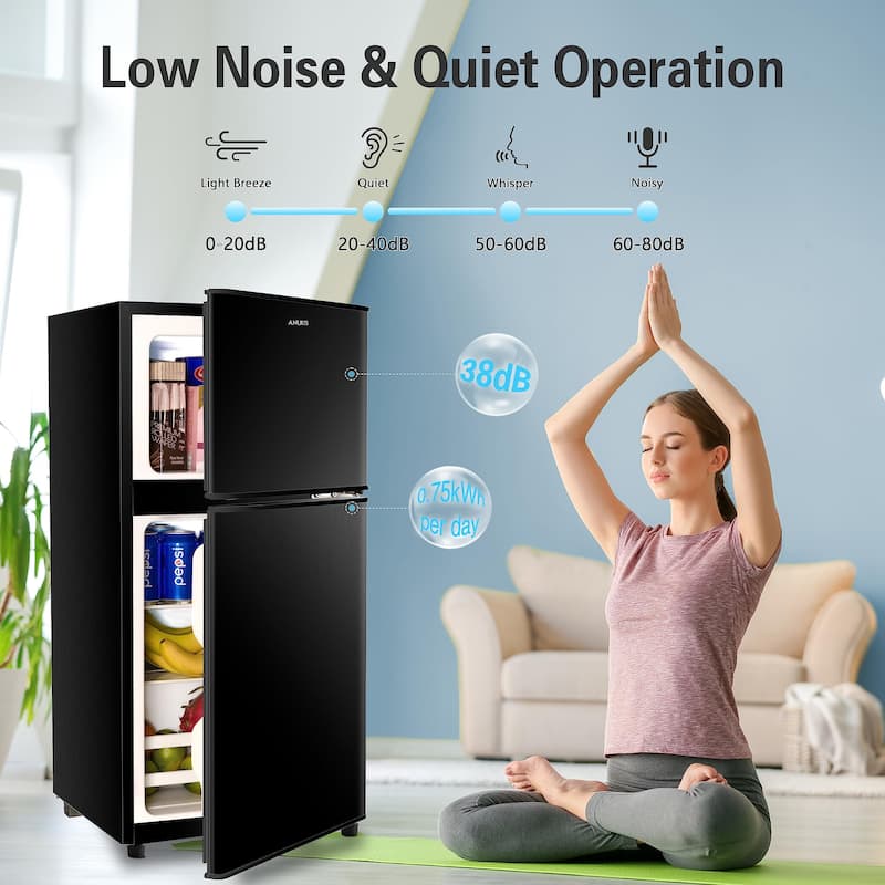 Anmytek 3.5 Cu Ft 2 Door Compact Mini Fridge with Freezer Adjustable 7 Level Thermostat Removable Shelves