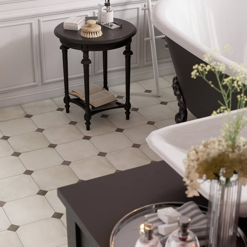 Merola Tile Laverton Octagon Nieve with Taco Grafito 7-7/8" x 7-7/8" Porcelain Floor and Wall Tile