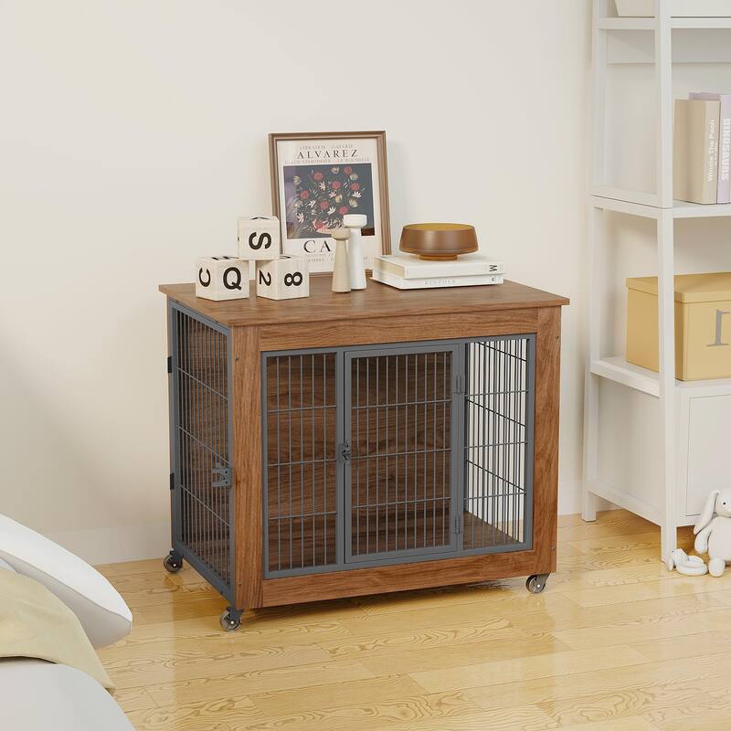 32.5" Dog Crate Furniture with Wheels for Small Dogs, Heavy Duty Dog Kennel Indoor with 2 Doors, Dog Cage for Anxiety Dog