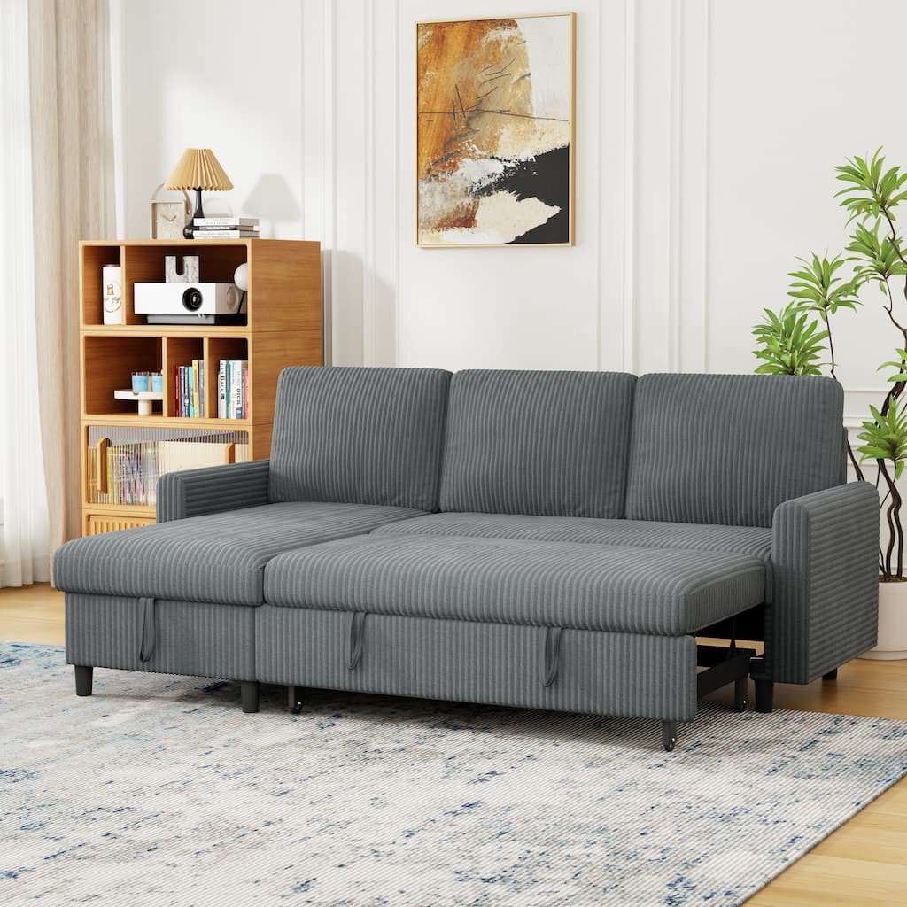 Futzca Convertible Corduroy Sofa Bed with Storage, L-Shaped Sectional Couch