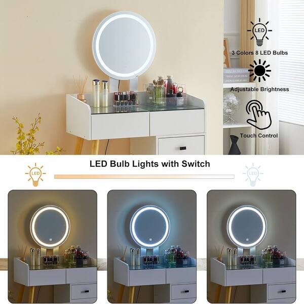 Dressing Table with LED Lights, Glass Top, 5 Drawers, Extendable Side Table, Mirror & Stool for Bedroom - Bed Bath & Beyond - 42409483 Dressing Table with LED Lights, Glass Top, 5 Drawers, Extendable Side Table, Mirror & Stool for Bedroom - Bed Bath & Beyond - 42409483