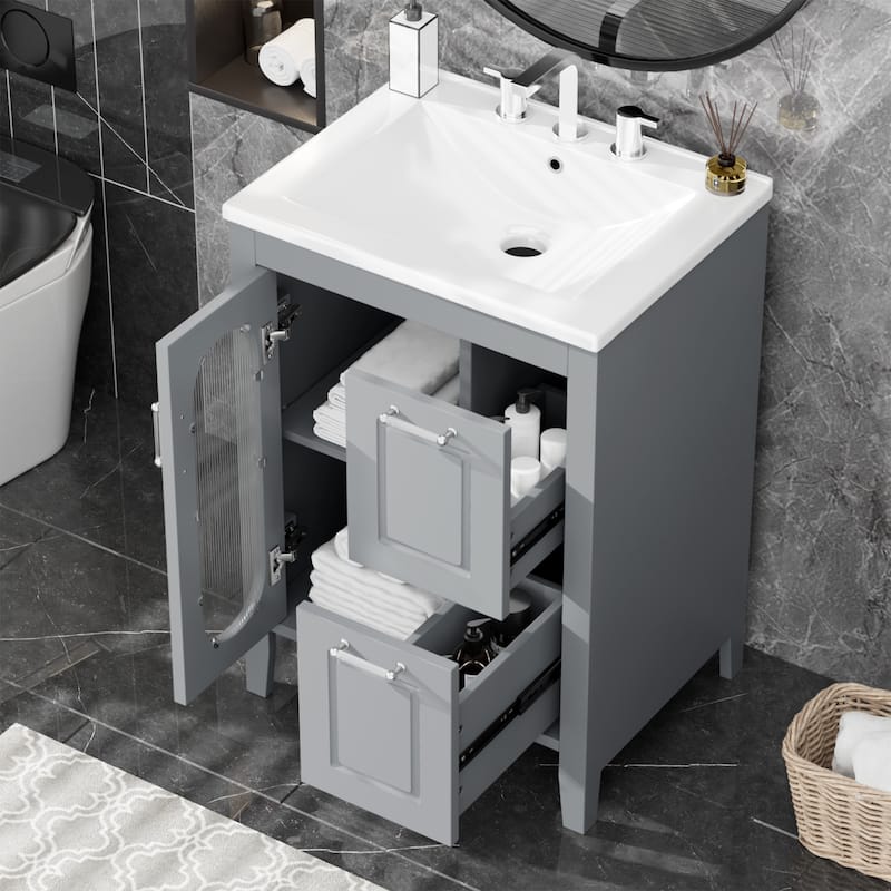 GDFStudio - Emma 24-Inch Bathroom Vanity with Ceramic Sink, Moru Glass Door and Adjustable Storage