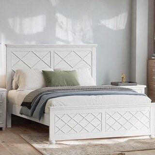 Coastal Farmhouse Solid Wood Queen Size Bed Frame, No Box Spring Needed, Antique White