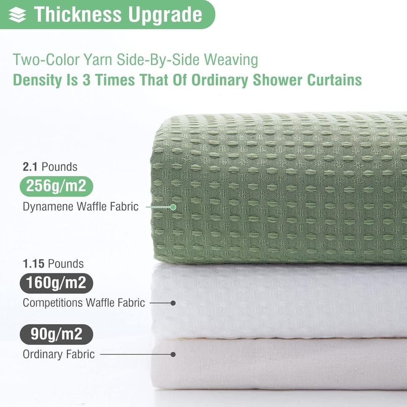 Waffle Textured Heavy Duty Thick Fabric Shower Curtain, Luxury Weighted Polyester Fabric Shower Curtain Set