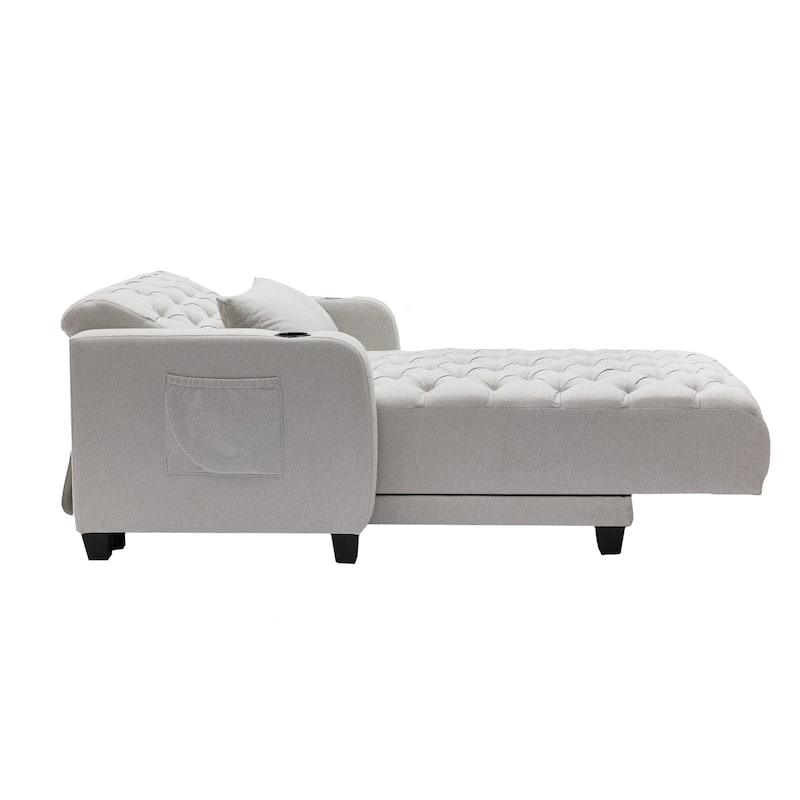 Linen Upholstered Multifunctional Tufted Wireless Charging Leisure Sleeper Armchair with 2 Cup Holders